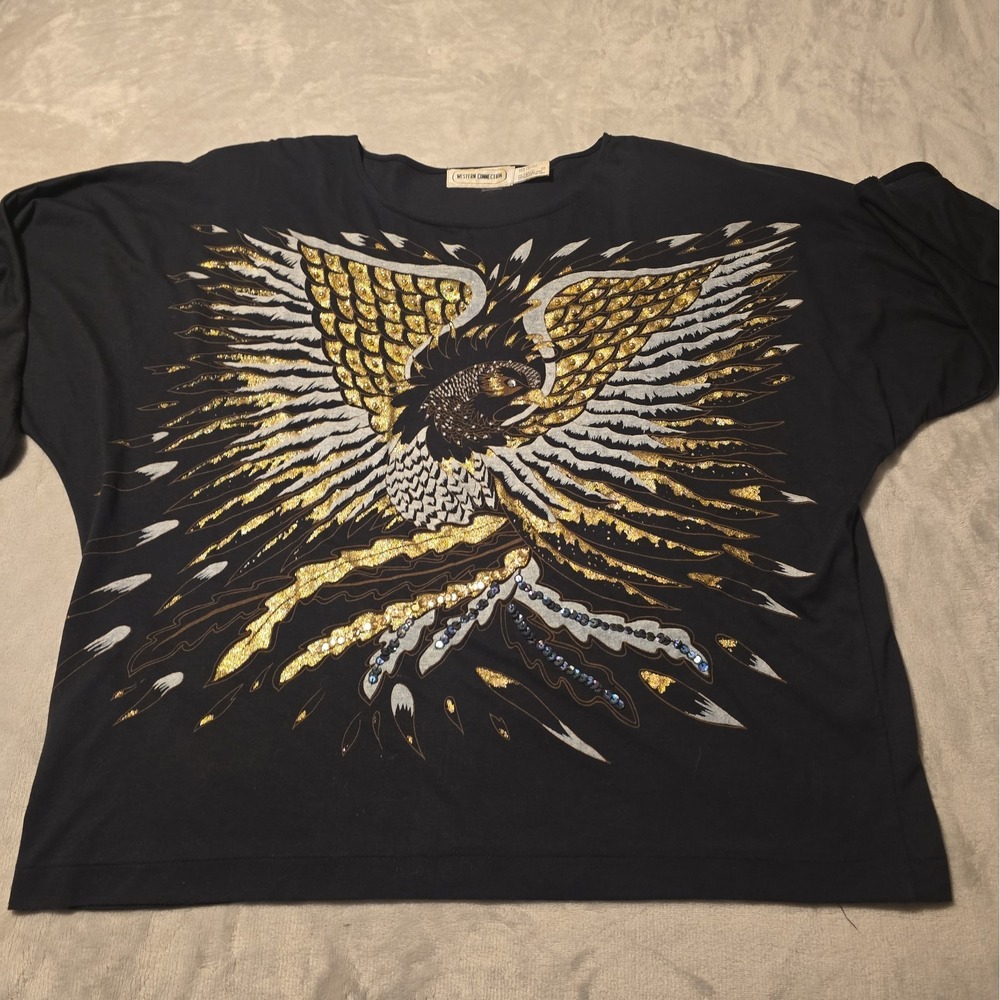 Vintage Western Connection T Shirt Womens M 90s Sequin Eagle Print Top